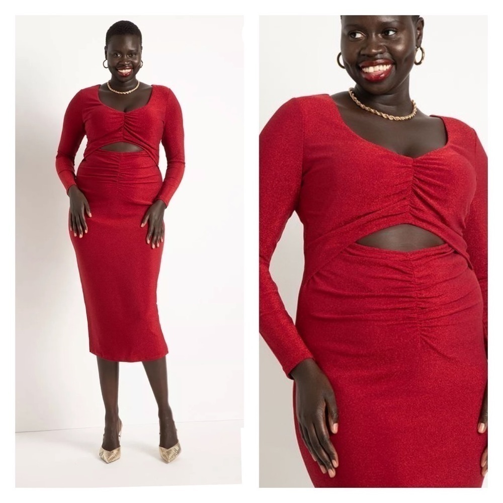 ELOQUII Red Metallic Lurex Knit Cutout Bodycon Midi Dress Size 16 NWT - Picture 2 of 5